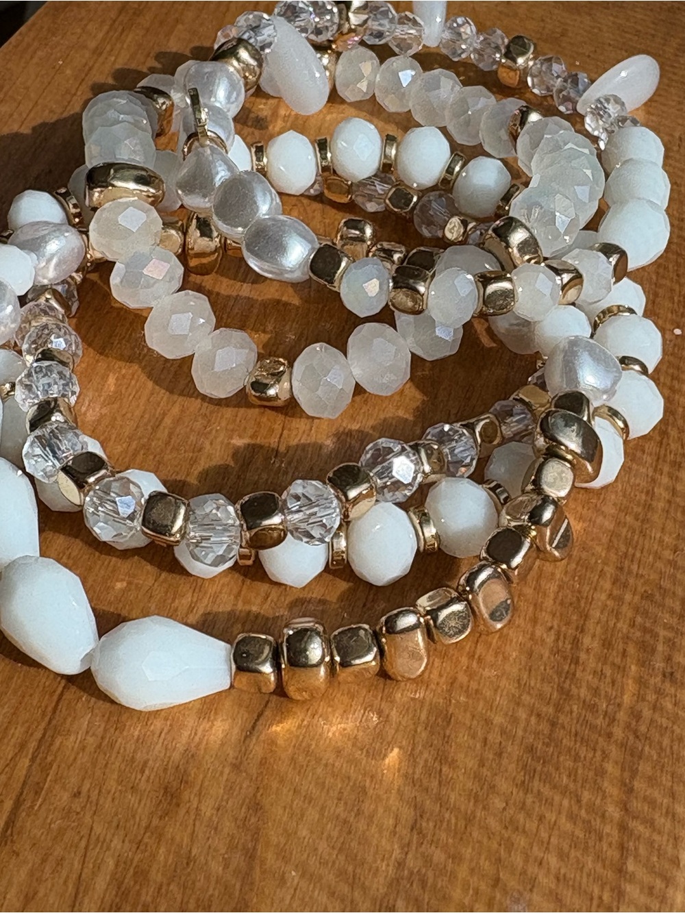 Women's White and Gold Beaded Stretch Bracelet Set